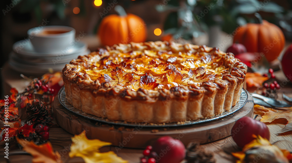 A golden apple pie sits on a wooden table surrounded by fall leaves. A golden apple pie sits on a wooden table surrounded by fall leaves.