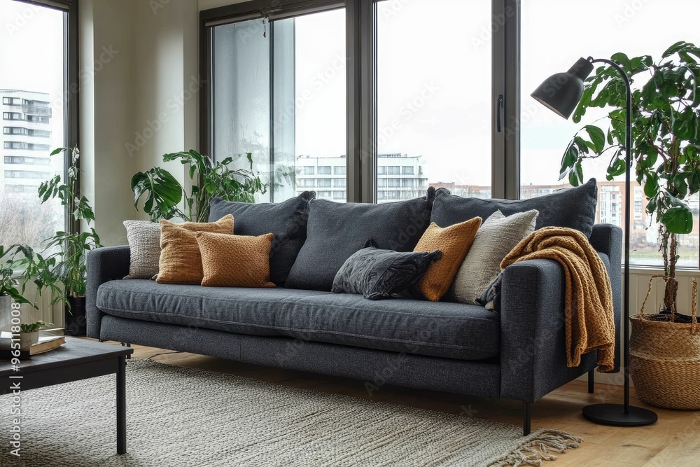 Fototapeta premium Cozy living room with a sofa and plants.