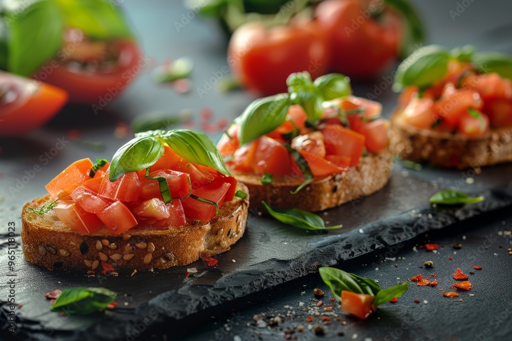 Freshly made Italian bruschetta with tomatoes and basil on crispy bread