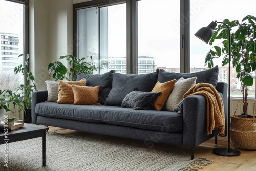 Cozy living room with a sofa and plants.