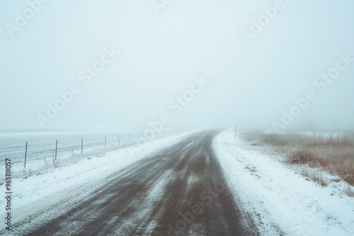 Snowy field and foggy winter road side angle