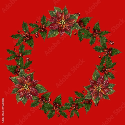 赤い背景とクリスマスリース