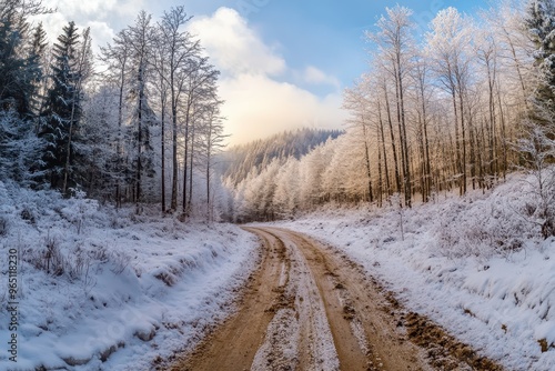 Snowy mountain forest in Slovenia winter morning view overlooking dirty road photo