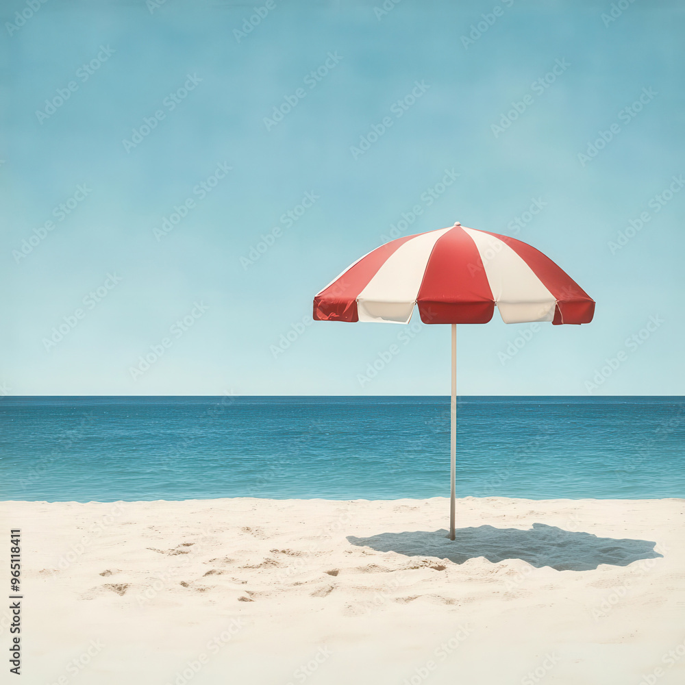 A vibrant red and white striped umbrella stands alone on a serene beach, casting a shadow on the soft, sandy shore. A vibrant red and white striped umbrella stands alone on a serene beach, casting a shadow on the soft, sandy shore.