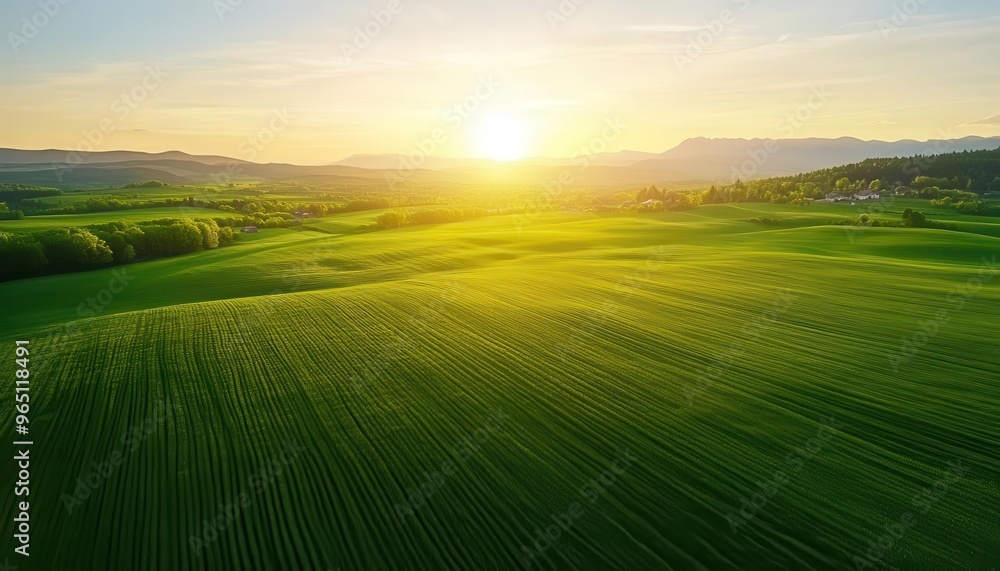 A stunning aerial view of lush green fields under a golden sunrise. Nature's beauty captured in vibrant colors and peaceful scenery. A stunning aerial view of lush green fields under a golden sunrise. Nature's beauty captured in vibrant colors and peaceful scenery.