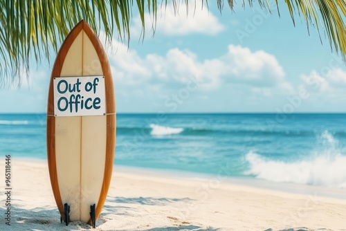A serene beach scene featuring a surfboard with 'Out of Office' sign, perfect for vacation or relaxation themes.