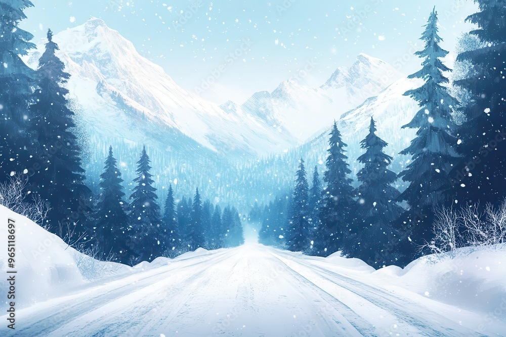 Snowy winter landscape with trees and mountains Snowy winter landscape with trees and mountains