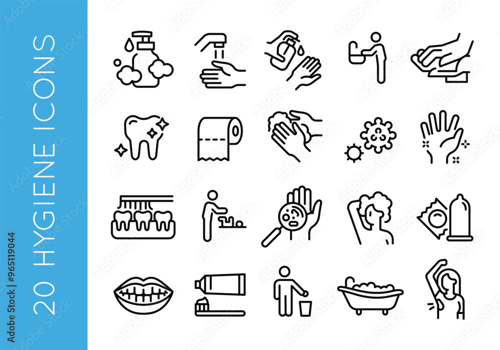 Fototapeta premium Hygiene icons. Set of 20 hygiene-themed trendy minimal icons. Example: Soap, Hand Washing, Toothbrush, Germs, Bathtub icon. Design signs for web page, mobile app, packaging design. Vector illustration