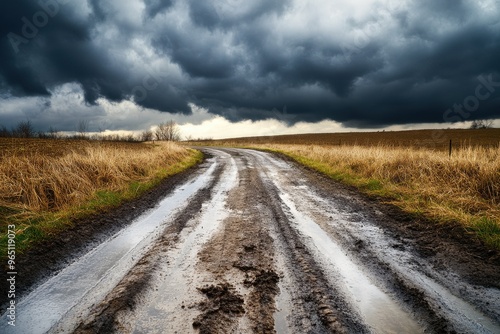 Soggy rural road under ominous clouds photo