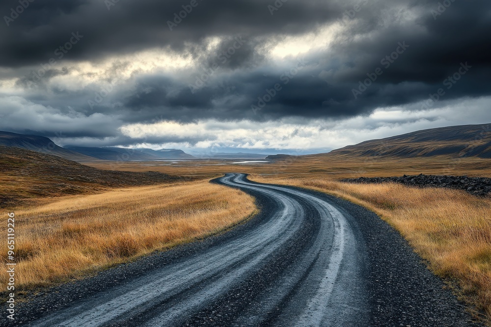 Southern Icelandic fjords under dramatic cloudy sky with gravel road Southern Icelandic fjords under dramatic cloudy sky with gravel road