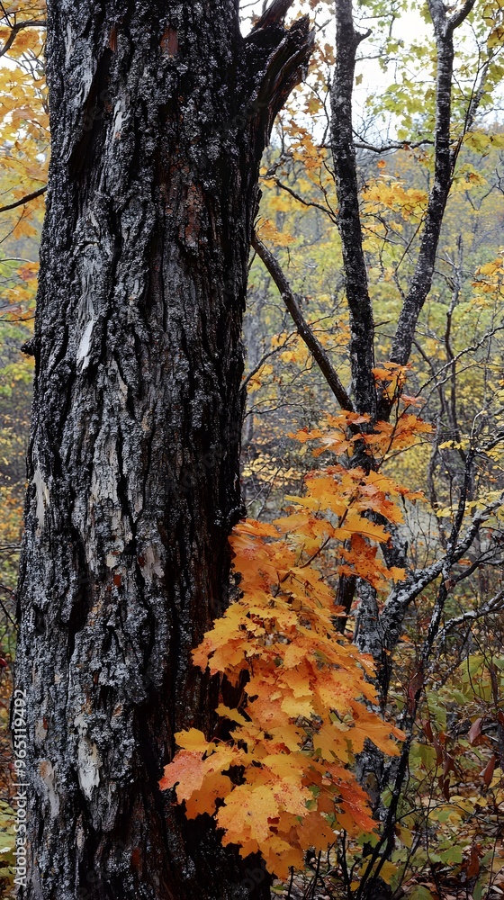 A Tree Trunk with Fall Foliage in a Forest A Tree Trunk with Fall Foliage in a Forest