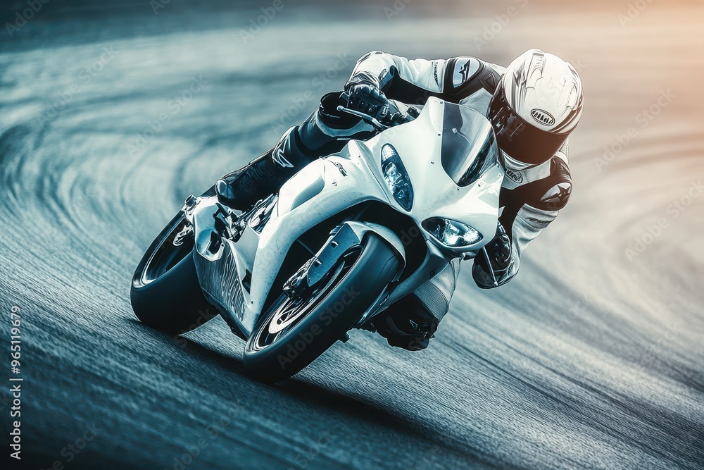 Sport biker practicing fast corner leaning on track Sport biker practicing fast corner leaning on track