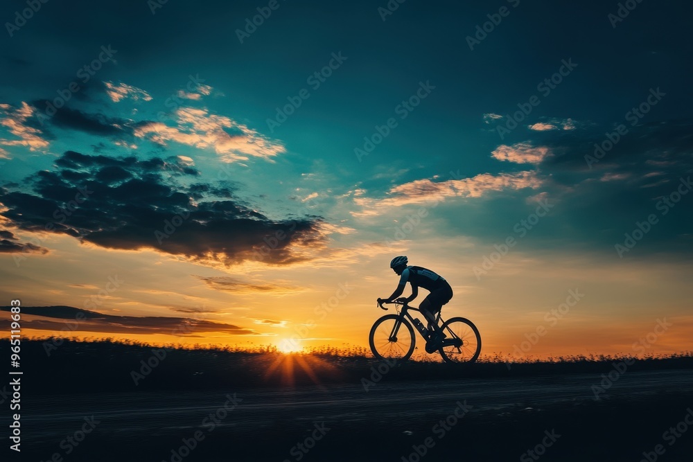 Obraz premium Sport Cyclist rides bike at sunset with dramatic backdrop