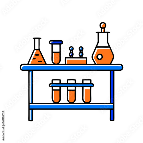 Laboratory Workbench with Test Tubes and Equipment, Blue and Orange Icon
