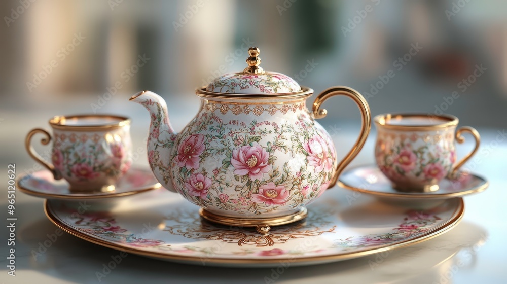Personalized tea set with engraved name on teapot, elegant tea-time gift, 3D illustration Personalized tea set with engraved name on teapot, elegant tea-time gift, 3D illustration