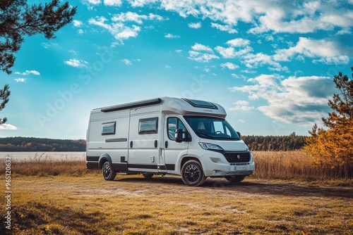 Stunning camper van site in nature Traveling in a modern motorhome Vanlife and wanderlust concept