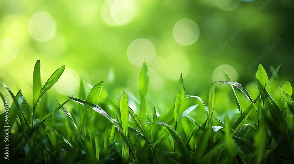 Lush green grass blades stretch upward, illuminated by soft sunlight, while a blurred backdrop enhances the tranquil atmosphere of this outdoor space, copy space, background Lush green grass blades stretch upward, illuminated by soft sunlight, while a blurred backdrop enhances the tranquil atmosphere of this outdoor space, copy space, background