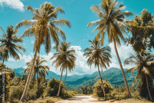 Stunning palm tree photo with blue sky in remote jungle dirt track