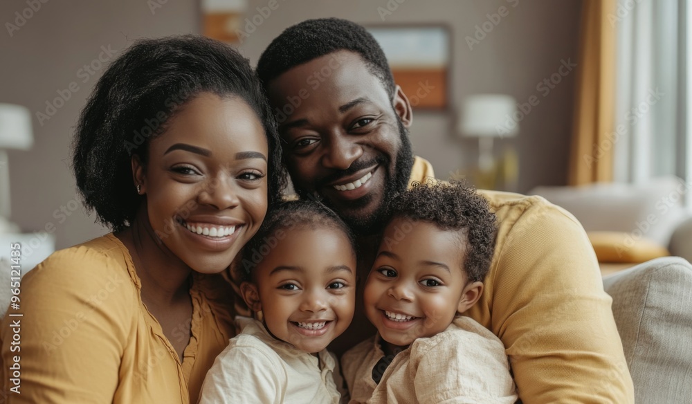 A happy black colored family with two children sitting on the sofa at home, laughing and playing together in the living room. High-quality, realistic photograph. A happy black colored family with two children sitting on the sofa at home, laughing and playing together in the living room. High-quality, realistic photograph.
