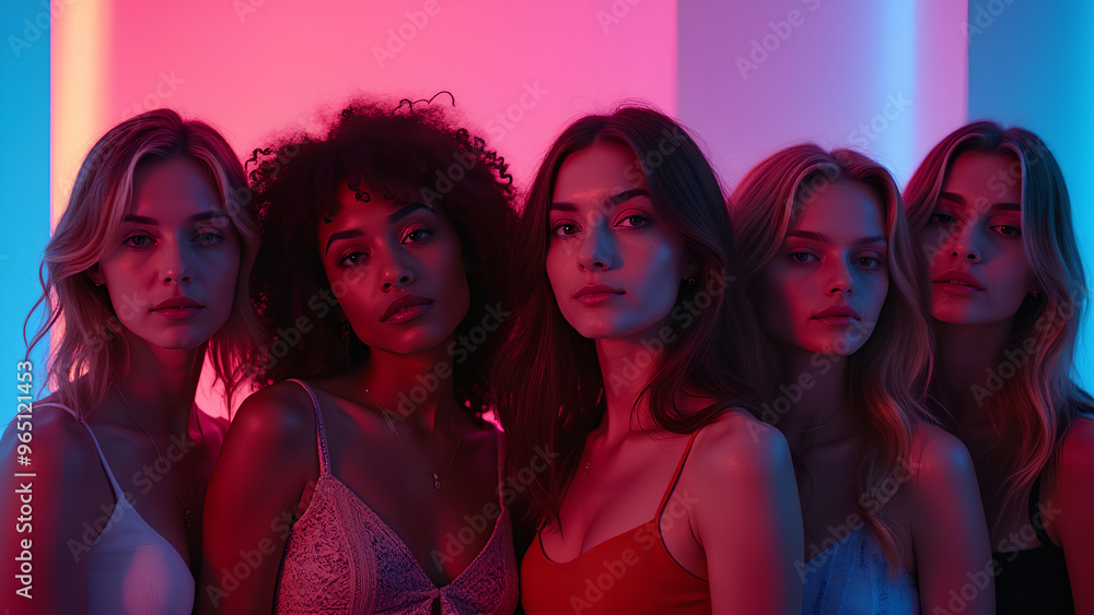 Portraits of group of people different nationalities on multicolored background in neon light Photo of models Portraits of group of people different nationalities on multicolored background in neon light Photo of models