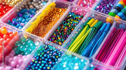 Craft Supplies Box: A transparent box filled with beads, glitter, markers, and ribbons, keeping all her craft essentials organized for DIY projects and creative fun. 