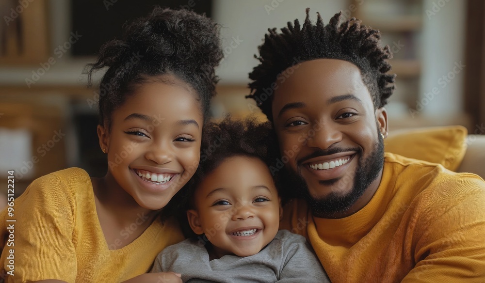 A happy black colored family with two children sitting on the sofa at home, laughing and playing together in the living room. High-quality, realistic photograph. A happy black colored family with two children sitting on the sofa at home, laughing and playing together in the living room. High-quality, realistic photograph.