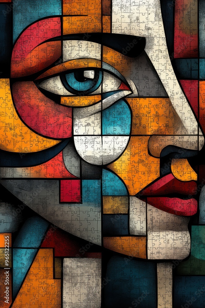 Cubist pop art illustration of diverse figures as puzzle pieces Cubist pop art illustration of diverse figures as puzzle pieces