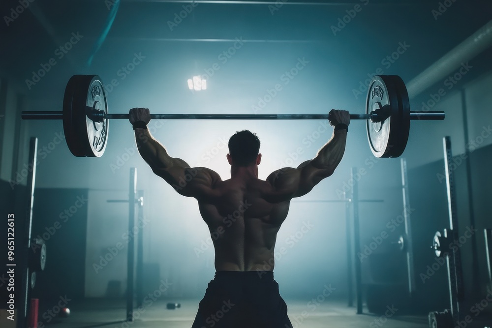 © LimeSky - Weightlifter displaying strength by lifting heavy barbell overhead during military press at crossfit gym © LimeSky - Weightlifter displaying strength by lifting heavy barbell overhead during military press at crossfit gym