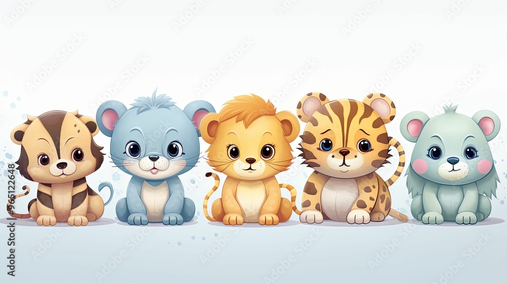 Five Adorable Cartoon Animals Sitting in a Row Five Adorable Cartoon Animals Sitting in a Row
