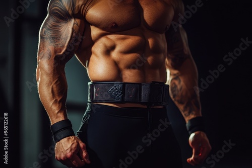 weightlifter wearing belt and wrist wraps for powerlifting photo