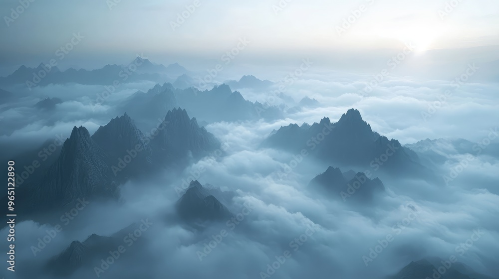 Misty mountain landscape with clouds and fog, showcasing a serene view of snow-capped peaks and lush forests Misty mountain landscape with clouds and fog, showcasing a serene view of snow-capped peaks and lush forests