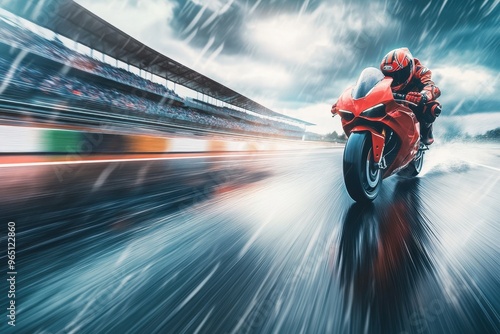 Wet racetrack on sunny day fast motion blur race ready