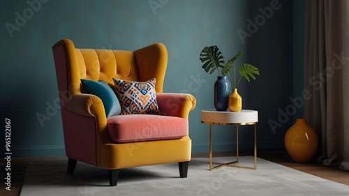 A vibrant and eclectic interior design concept showcasing a colorful, Memphis-style armchair next to a sleek console table. Thearmchair features a bold geometric pattern in shades of pink, blue, yello