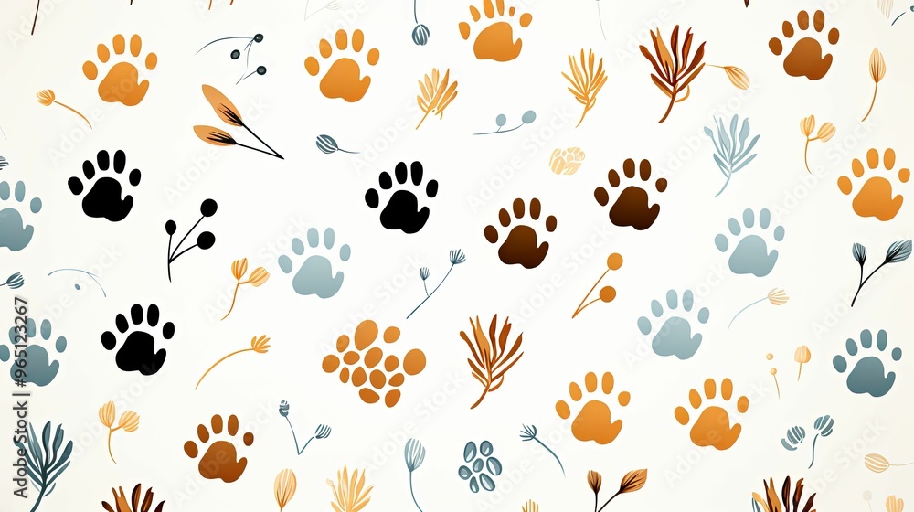 Abstract Pattern with Paw Prints and Floral Elements Abstract Pattern with Paw Prints and Floral Elements