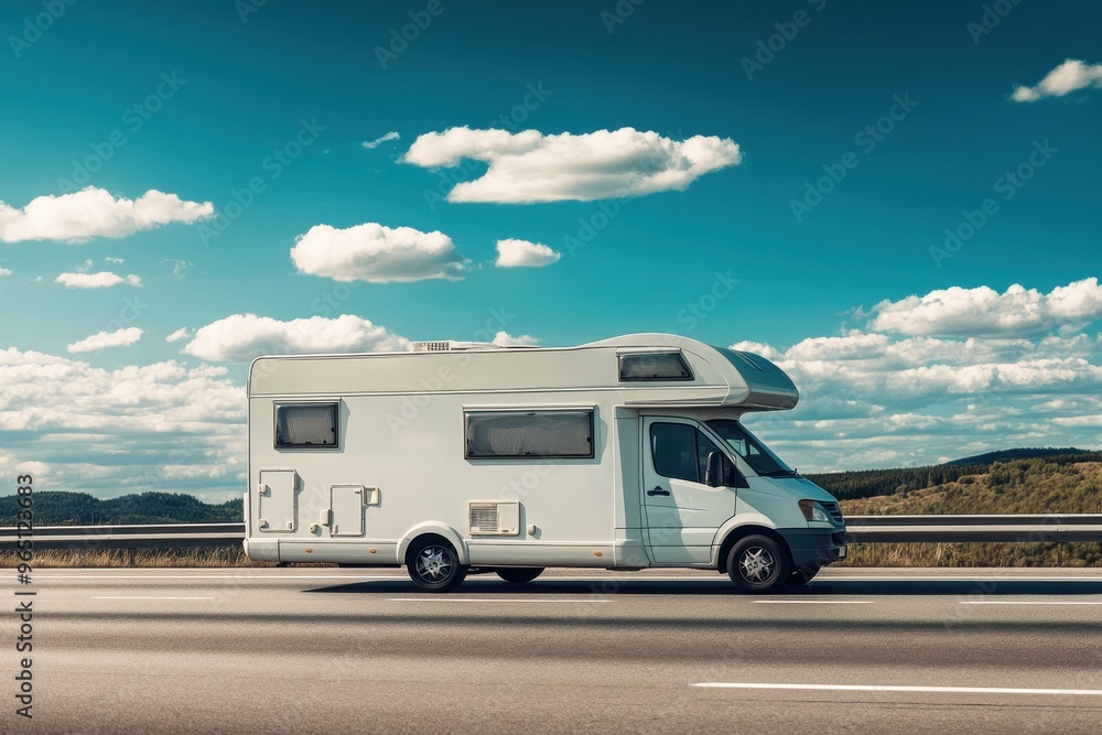 White family RV camper van driving on European highway with scenic view Travel and adventure trip concept White family RV camper van driving on European highway with scenic view Travel and adventure trip concept