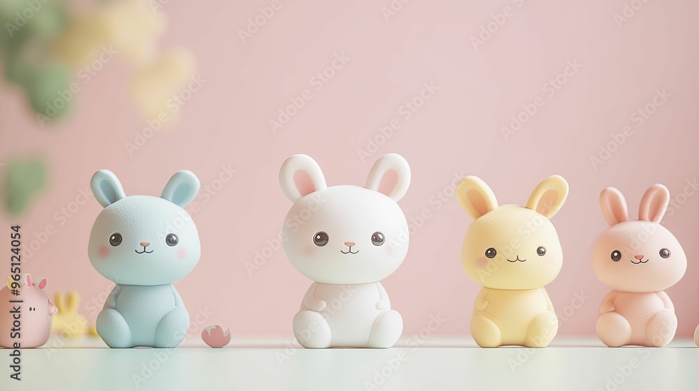 Five Cute Plush Bunny Toys Sitting on a Table Five Cute Plush Bunny Toys Sitting on a Table