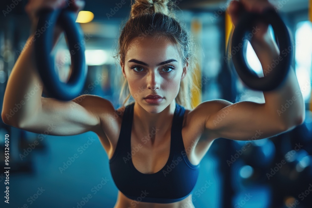 Obraz premium Woman exercising with rings in gym
