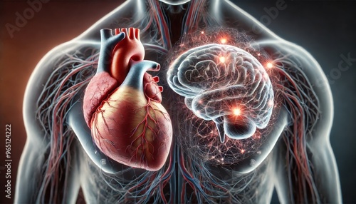 A highly detailed and realistic close-up of both the heart and brain within a translucent body, highlighting the neural and vascular connections betwe. photo