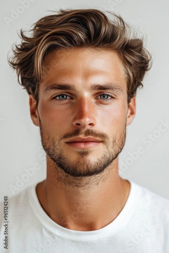 Passport photo with neutral expression on white background