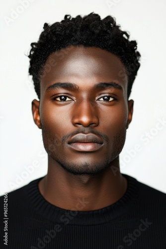 Passport photo with neutral expression on white background