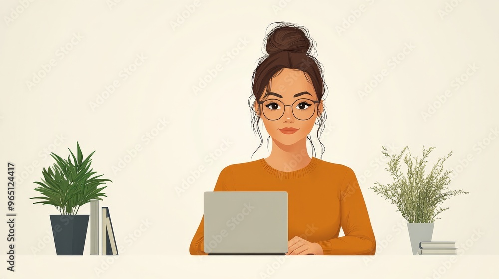 Focused and Ready: A woman with a focused expression sits at her desk, wearing stylish glasses, and working on a laptop. She's surrounded by potted plants and books, creating a serene and productive a Focused and Ready: A woman with a focused expression sits at her desk, wearing stylish glasses, and working on a laptop. She's surrounded by potted plants and books, creating a serene and productive a