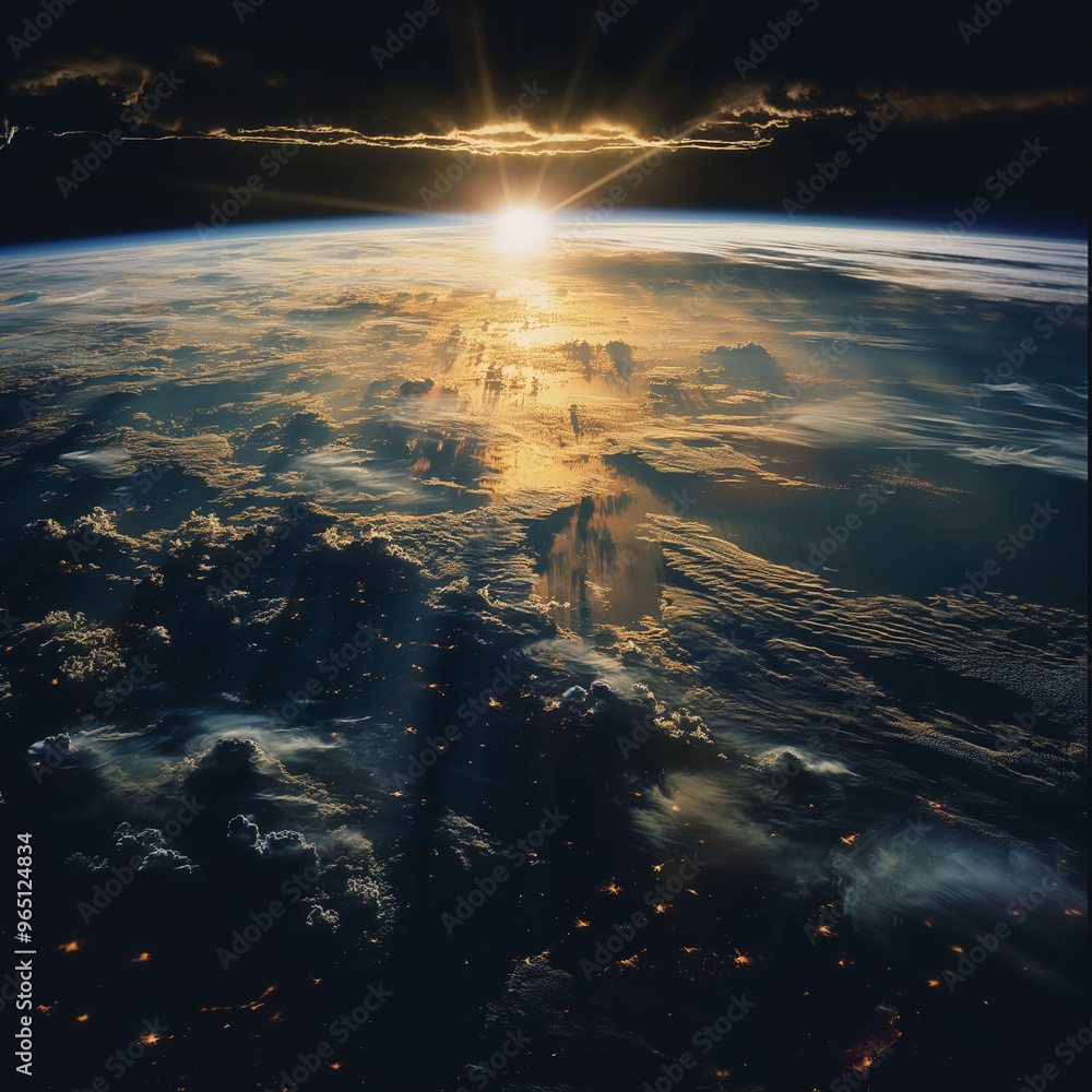 View of the Earth from space, glowing city lights on horizon, sunlight shining through clouds, earth in space, sky, night, light, landscape, sun View of the Earth from space, glowing city lights on horizon, sunlight shining through clouds, earth in space, sky, night, light, landscape, sun