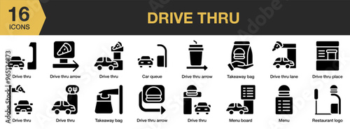 Drive Thru solid icon set. Includes rubber drive thru, menu, restaurant, take away and More. Solid icons vector collection.