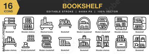 BookShelf icon set. Editable Stroke Icon Collection. Includes bookshelf, modern, wooden, shelves, and More. Outline icons vector collection.