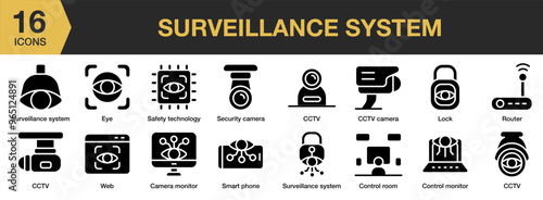 Surveillance System solid icon set. Includes camera monitor, cctv, control, router, safety technology, surveillance system and More. Solid icons vector collection.