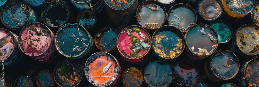 View from above of contaminated chemical storage drums. Barrels are used in the petroleum, oil, and chemical industries for the storage and disposal of hazardous materials, impacting environmental View from above of contaminated chemical storage drums. Barrels are used in the petroleum, oil, and chemical industries for the storage and disposal of hazardous materials, impacting environmental