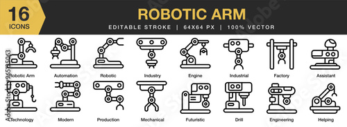 Robotic Arm icon set. Editable Stroke Icon Collection. Includes engineering, robotic arm, technology, futuristic, industrial, factory, and More. Outline icons vector collection.