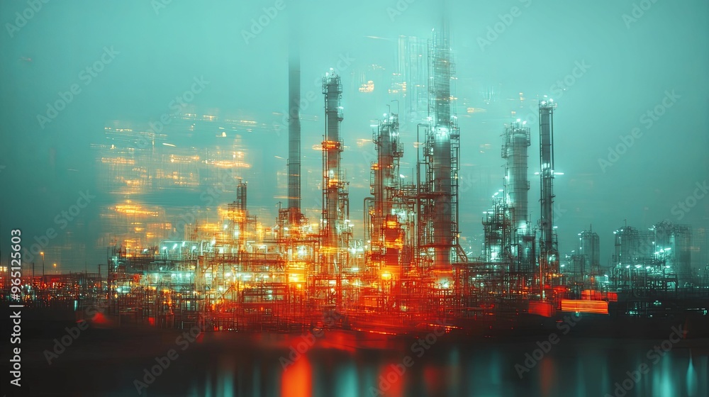 Industrial Complex with Blurred Reflections and Lights Industrial Complex with Blurred Reflections and Lights