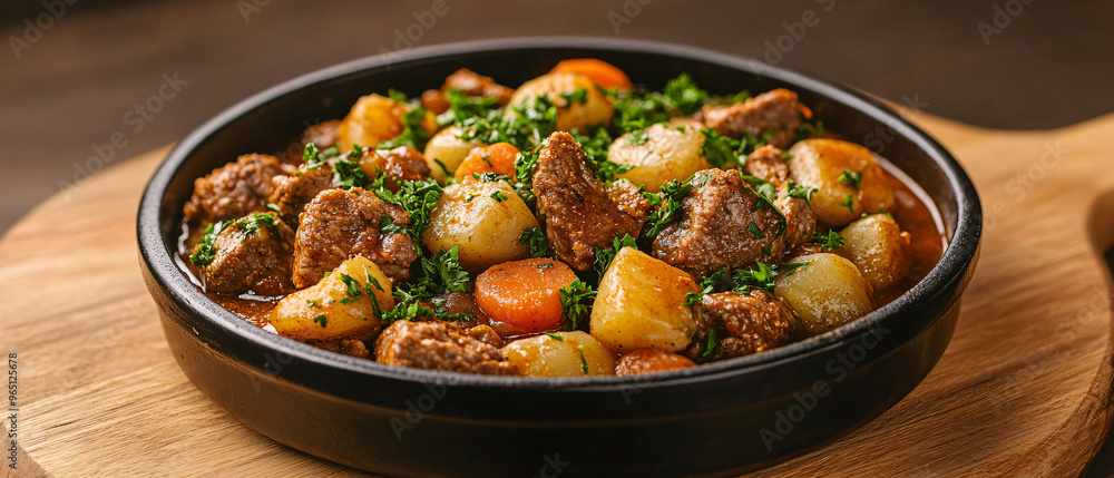 Delicious beef stew with tender meat and fresh vegetables, elegantly presented in a black bowl on a wooden surface. Delicious beef stew with tender meat and fresh vegetables, elegantly presented in a black bowl on a wooden surface.