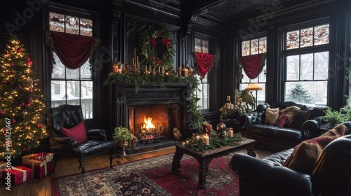 Victorian Gothic Living Room with Festive Fireplace and Black Walls